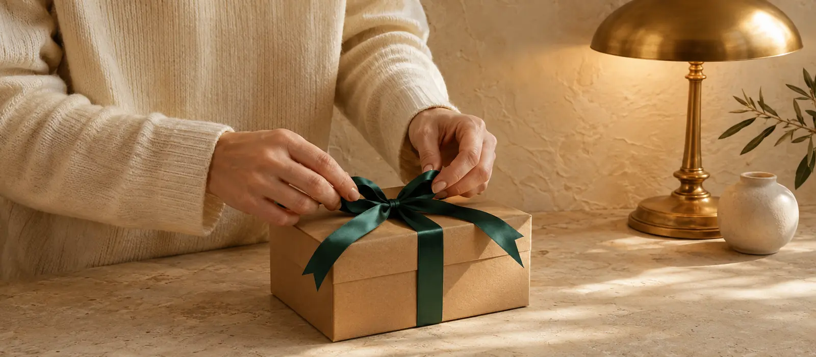A gift box being wrapped with a green ribbon